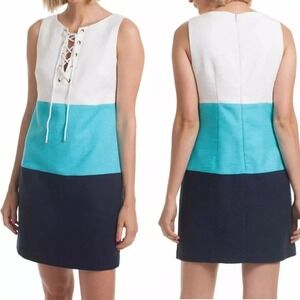 NWT Trina Turk Miss Brady Lace-up Colorblock Textured Shift Dress sz 2 XS Navy